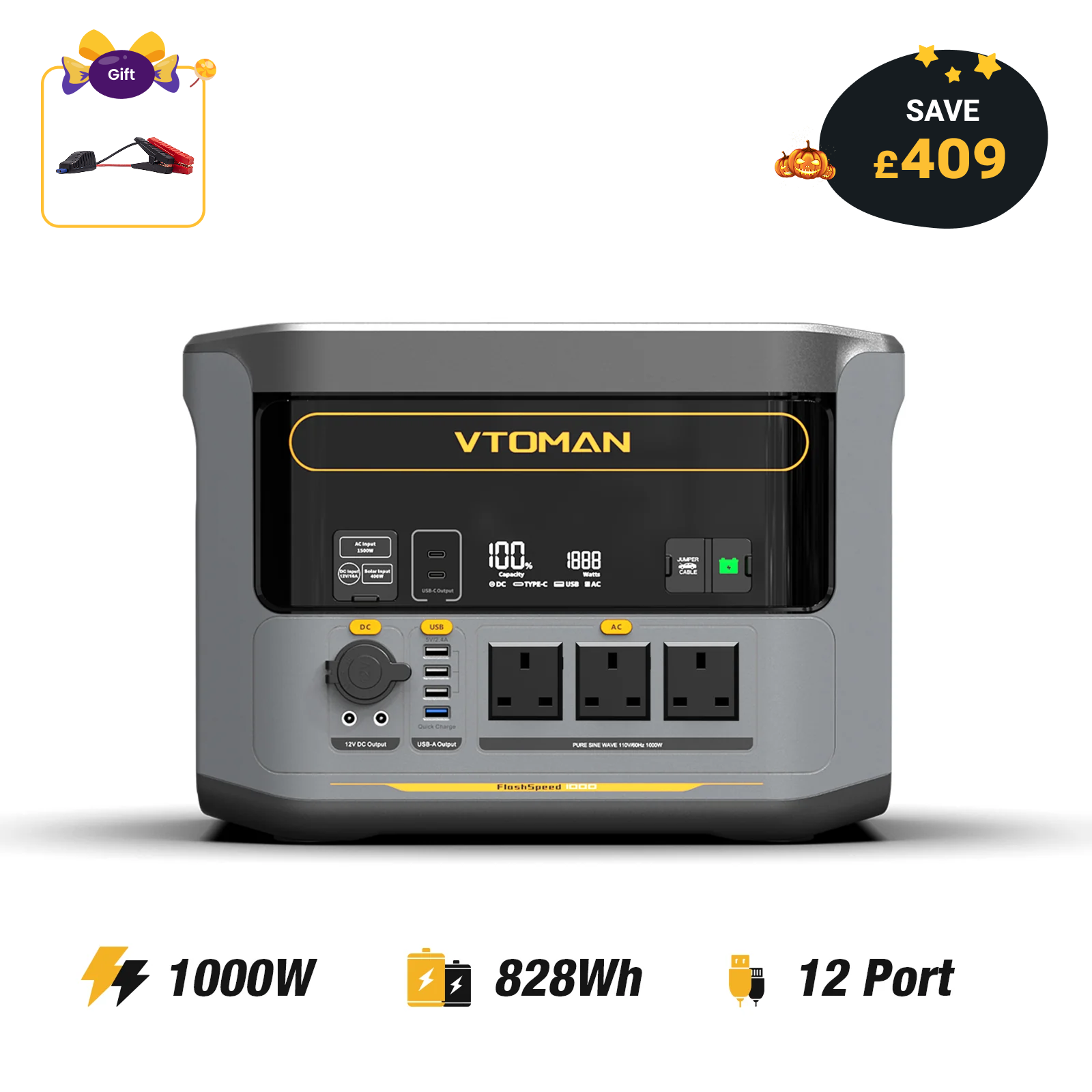 〔おまけつき〕VTOMAN FlashSpeed 1000 828Wh Зарядна станція Vtoman FlashSpeed 1000, 1000 Вт, 828 Вт*год