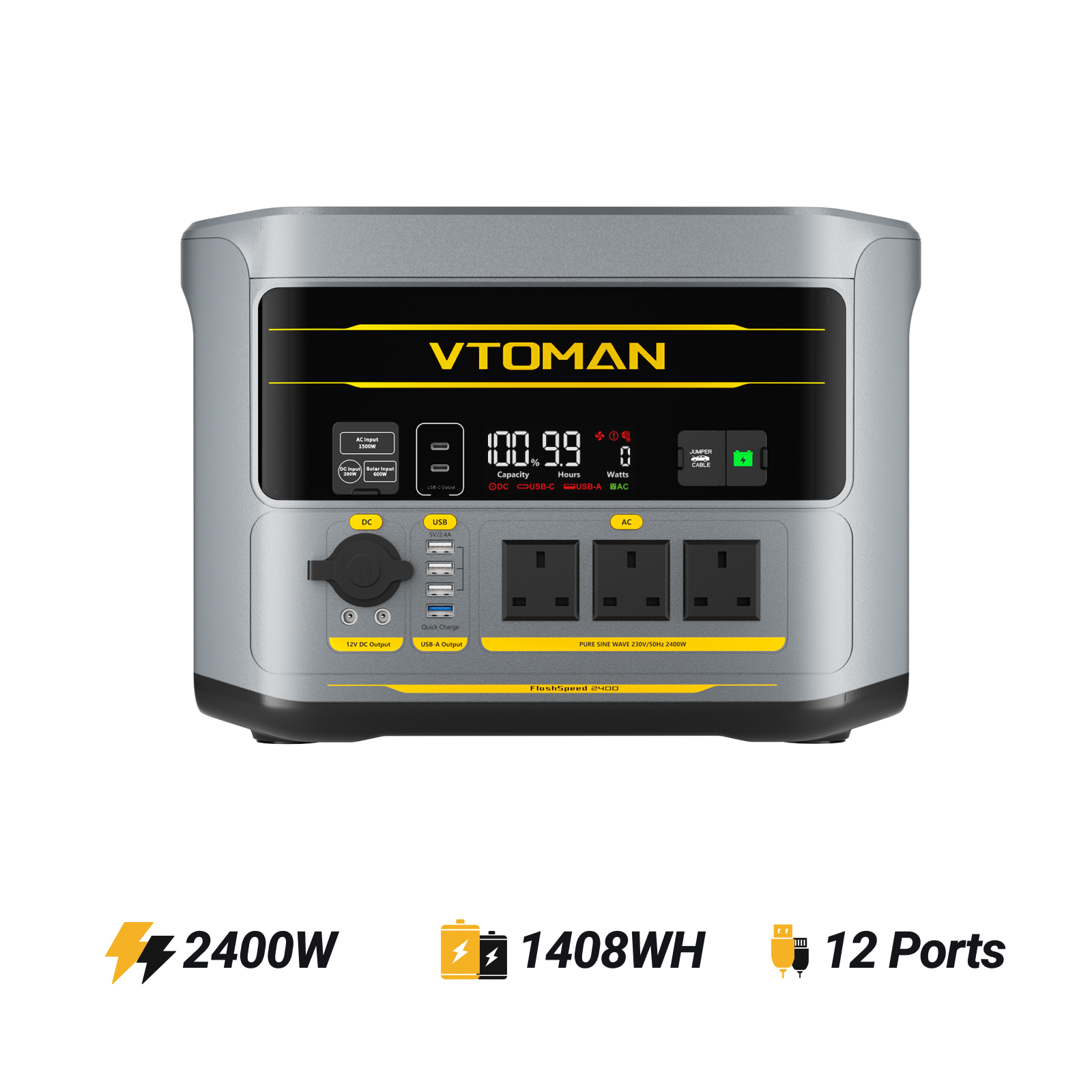VTOMAN FlashSpeed-2400 Power Station: High Power: 2400W continuous AC output (3200W peak)
and Large Capacity: Massive 1408 Wh LiFePO4 battery